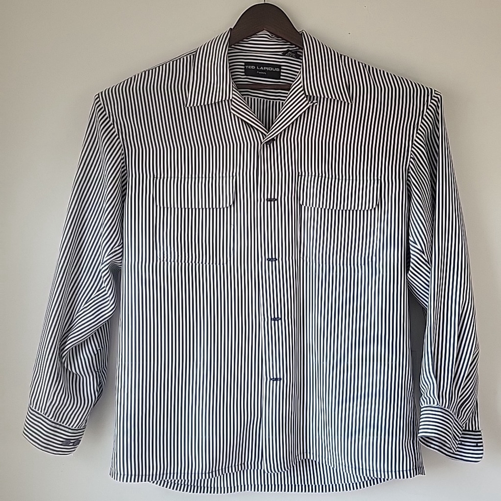 Ted Lapidus 100% Silk Long Sleeve Collared Shirt Button Down Blue Stripes